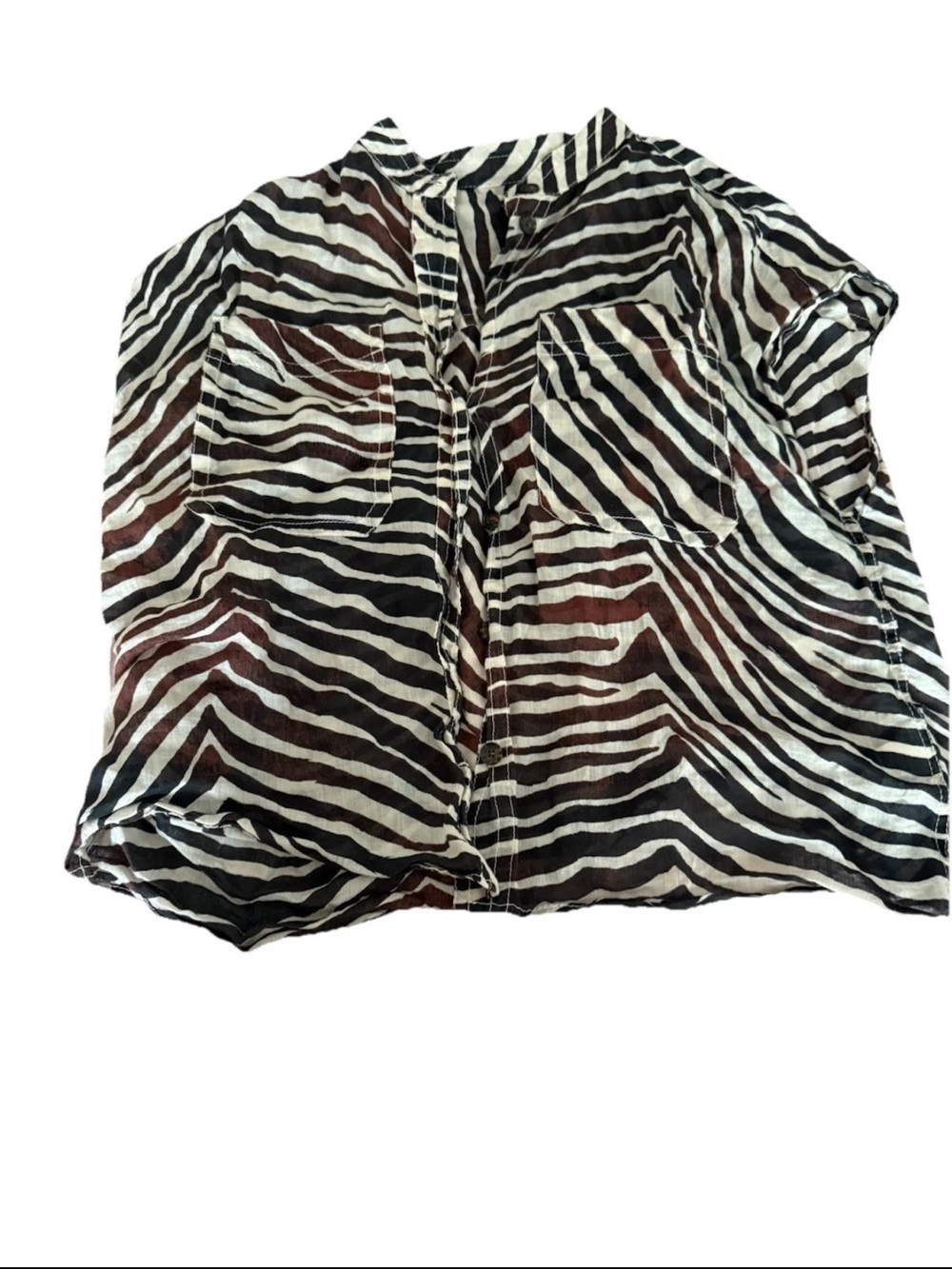 Mob Wife Zebra Print 100% Ramie Shirt Blouse Safari Cap Sleeve Pockets Size XL